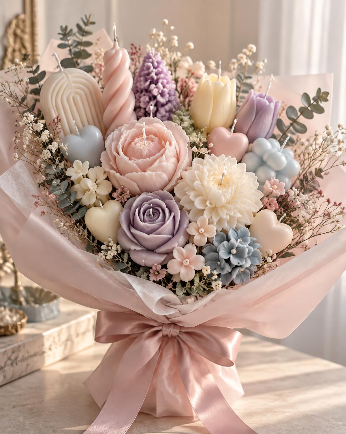 Ramo de velas florales en colores pasteles